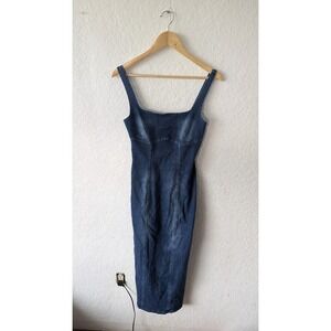 FORE Denim Square Neck Midi Dress Women's Size S Bodycon Sleeveless Blue‎